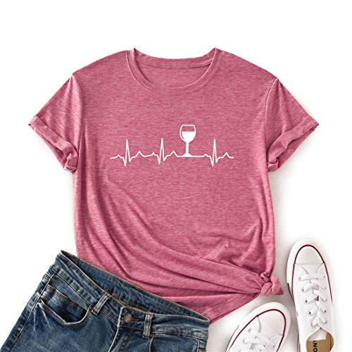 NIHONGR Women Wine Heartbeat T-Shirt Short Sleeve Casual Lovers Graphic Drinking Top Shirt-Pink-