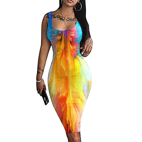 Women's Sleeveless Mini Dress Tie Dye Sexy Bodycon O-Neck Tank Dress Summer Elegant Color Block Party Club Dress Yellow