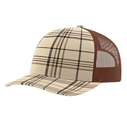RICHARDSON Twill Mesh Back Trucker Snapback Hat - Khaki Black Plaid/Brown