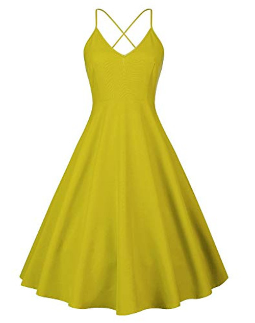 Eliacher Women's Deep V Neck Adjustable Spaghetti Straps Summer Dress Sleeveless Sexy Backless Party Dresses with Pocket -S- Ginger-