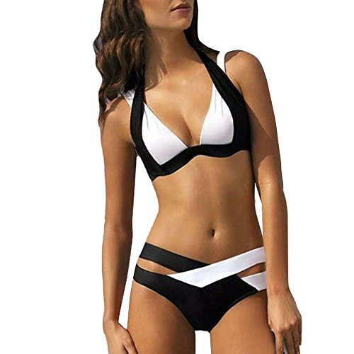 F_Gotal Womens Two Piece Swimsuits Colorblock Swim Bottoms Halter Bandage Bikini Sets Bathing Suit Beach Swimwear