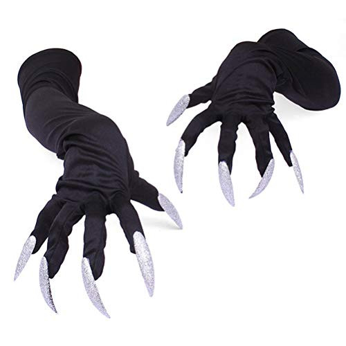 Halloween Costume Gloves with Fingernails Long Paws Claws Cosplay Gloves for Party- 1 Pair- Black