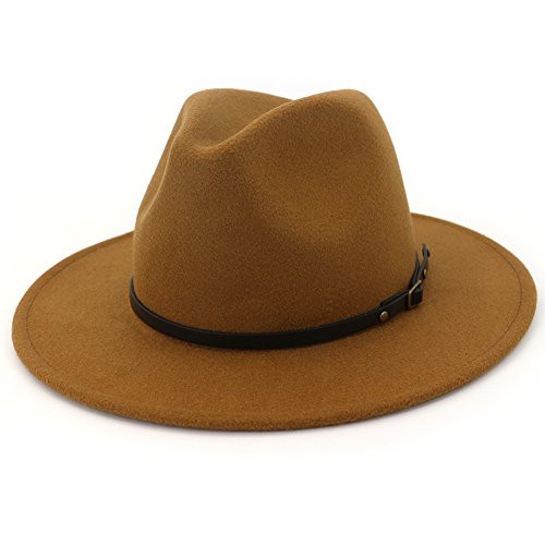 Lisianthus Women Wide Brim Wool Fedora Panama Hat with Belt Buckle A-Khaki