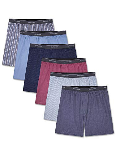 Fruit of the Loom Men's Tag-Free Boxer Shorts -Knit  and  Woven-- Woven - 6 Pack - Exposed Waistband- Medium