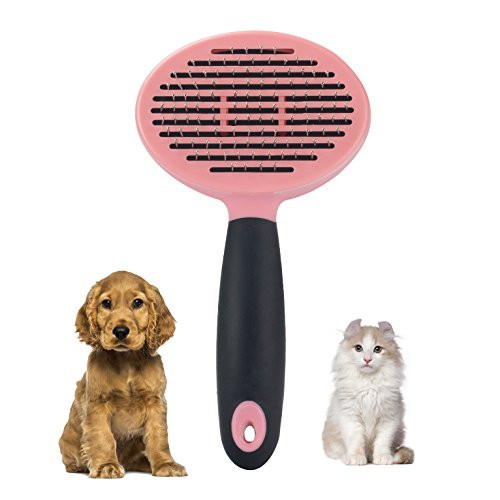 Dog Grooming Brush Deshedding Tool Rake- Retractile Self-Cleaning Rounded Pins Slicker Brush Rake for Dogs Cats and Horses- Easy to Clean- Dog and Cat Massage-Suitable for Long or Short Hair -Pink-
