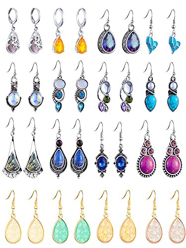 16 Pairs Teardrop Crystal Drop Dangle Earrings for Women Vintage Multicolor Boho Hoop Earrings Colorful Hook Dangle Earrings Valentine's Day Jewelry for Girls