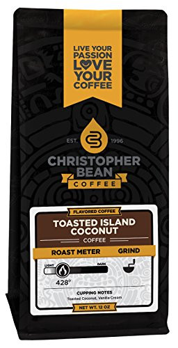 Christopher Bean Coffee Flavored Decaffeinated Ground Coffee, Toasted Island Coconut, 12 Ounce