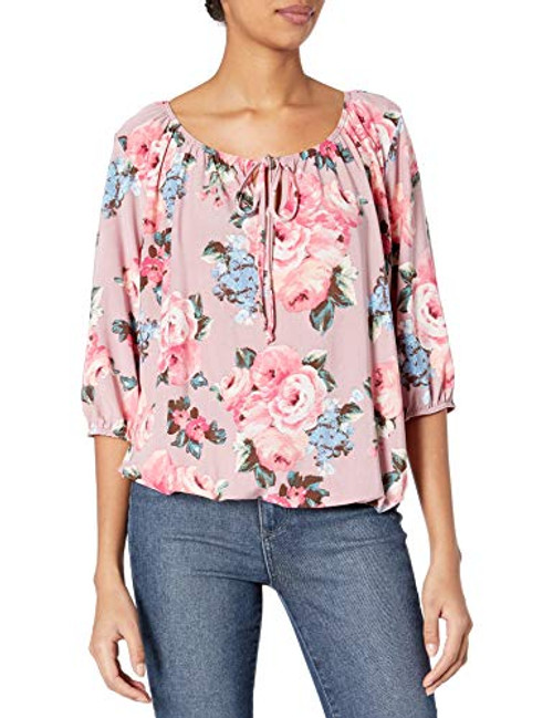 Star Vixen Women's 3/4 Sleeve- Front Tie Peasant Top- Mauve/Floral- Petite/Small