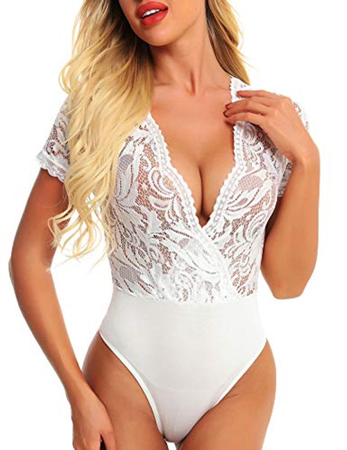 RSLOVE White Bodysuit for Women Sexy Lingerie Floral Lace Teddy Deep V One-Piece Babydoll White M RSLOVE White Bodysuit for Women Sexy Lingerie Floral Lace Teddy Deep V One-Piece Babydoll White M