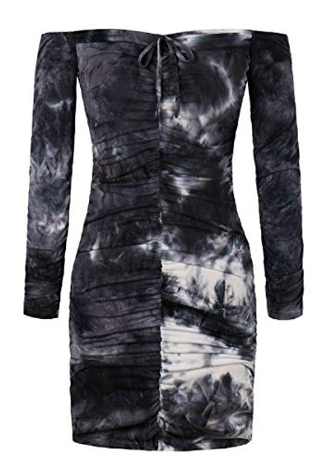 Sofkiny Black and White Tie-Dye Mini Dress for Women Off Shoulder Long Sleeve Ruched Front Club Dress Sofkiny Black and White Tie-Dye Mini Dress for Women Off Shoulder Long Sleeve Ruched Front Club Dress