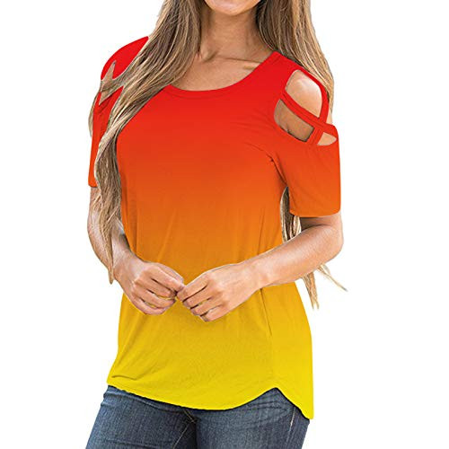 Womens Short Sleeve Shirts Summer Casual Tops Loose Fit Graphic Tees Cute Printed Round Neck Shoulder Gradient Tshirts Orange