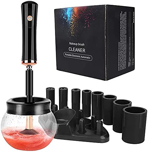 Makeup Brush Cleaner and Dryer Machine- Electric Cosmetic Automatic Brush Spinner with 8 Sizes of Rubber Collars- Wash and Dry in Seconds- Suitable for All Makeup Brushes