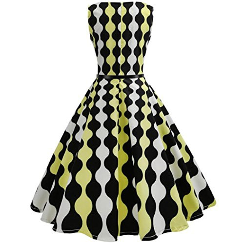 Clearance Women Vintage Printing Bodycon Sleeveless Casual Evening Party Prom Swing Dress -Yellow- S-