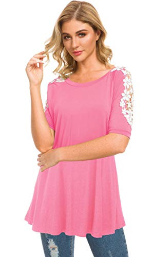 Afibi Short Sleeve Loose Lace Shoulder Tunic Tops for Leggings for Women -XX-Large- Pink-