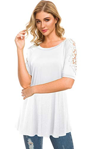 Afibi Short Sleeve Loose Lace Shoulder Tunic Tops for Leggings for Women -XXX-Large- White-