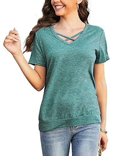 Genhoo Womens Summer Tops Short Sleeve Basic Plain V Neck Tee T-Shirt Green XL