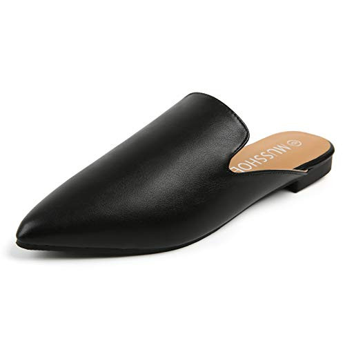 MUSSHOE Mules for Women Slip On Comfortable Pointed Toe Womens Loafers Women's Flats for Women's Mules  and  Clogs-Black pu 6