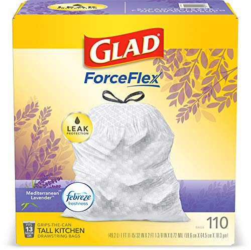 Glad ForceFlex Tall Kitchen Drawstring Trash Bags 13 Gallon White Trash Bag- Mediterranean Lavender scent with Febreze Freshness 110 Count -Package May Vary-