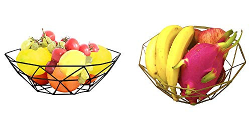 Stratalife Metal Wire Fruit Bowl-Gold Fruit Basket for Kitchen-Fruit Dish-Tables-Countertops-Bread-Snacks-Vegetables Storage Basket-GoldPlusBlack-