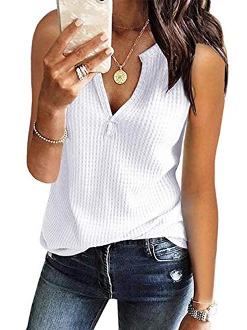 Famulily Womens Waffle Knit Tunic Tank Casual Sleeveless V Neck Tee Shirt White Small Famulily Womens Waffle Knit Tunic Tank Casual Sleeveless V Neck Tee Shirt White Small