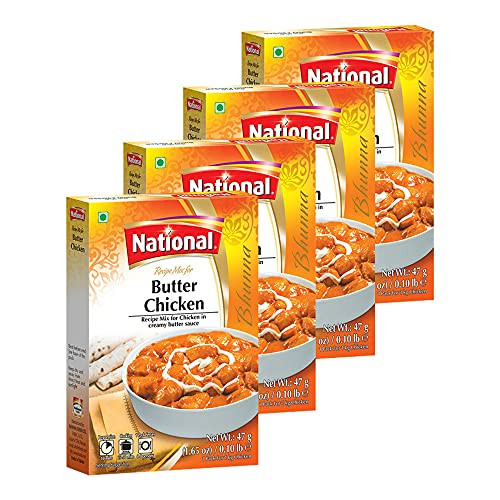 National Foods Butter Chicken Recipe Mix 1.65 oz -47g- | South Asian Meat Curry Masala Powder | Traditional Spicy Food | Box Pack | Pack of 4 National Foods Butter Chicken Recipe Mix 1.65 oz -47g- | South Asian Meat Curry Masala Powder | Traditional Spicy Food | Box Pack | Pack of 4