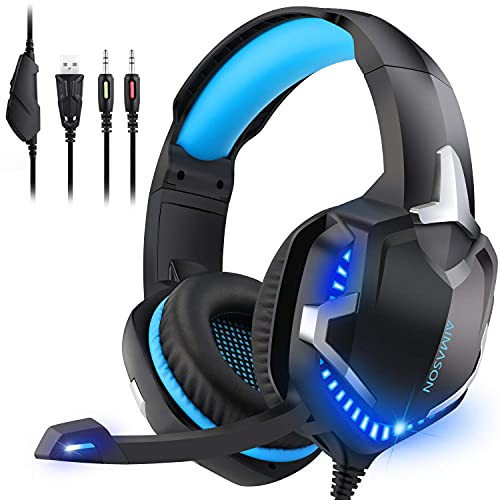 PS4 Gaming Headset with Mic- AIMASON Stereo Headphone for Games/Xbox One S/Nintendo Switch/PC/Mac/Laptop- Over Ear Headset with Surround Sound- LED Light  and  Noise Canceling Microphone -Renewed-