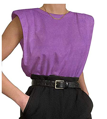 Comulish Womens Solid Cotton Padded Shoulder Sleeveless Tee Vest Crew Neck Loose Tank Tops Purple
