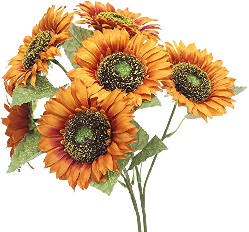 Kesio Artificial Flowers Artificial Sunflowers Bouquet Silk Fake Sunflowers Decor for Home Office Shop Wedding -Dark Orange- 2 Bunches-