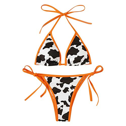 YAnGSale Women Swimwear Two-Piece Bathing Suit High Waist Swimsuit Beachwear Cows Print Bandage Bikini -Orange- L-