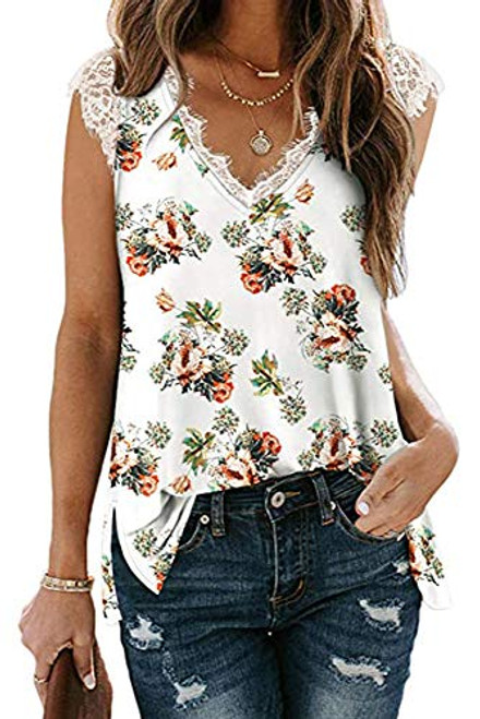 Poetsky Women's Floral Print Lace V Neck Tank Tops Casual Sleeveless Blouses -S- White Floral- Poetsky Women's Floral Print Lace V Neck Tank Tops Casual Sleeveless Blouses -S- White Floral-