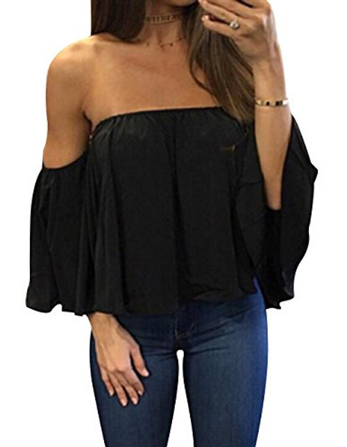 Women's Summer Off Shoulder Blouses Short Sleeves Sexy Tops Chiffon Ruffles Casual T Shirt -XL-Black-
