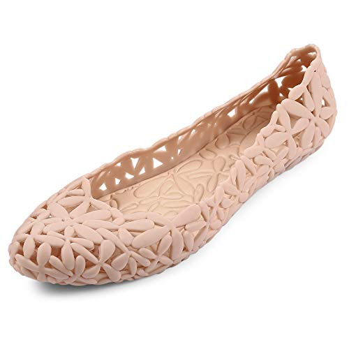 heipeiwa Women's Jelly Ballet Flat Sandals Plastic Hollowed Jelly Sandals Beach Shoes Nude Pink