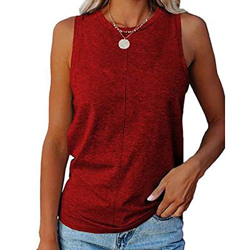 Womens Summer Tank Tops Crew Neck Sleeveless Solid Color Casual Loose Fit Tee Shirts-Red Wine-M