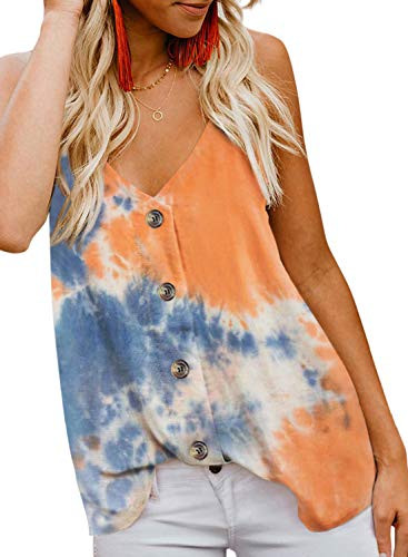 FARYSAYS Women's Loungewear Tie Dye Button Down V Neck Strappy Tank Tops Loose Sleeveless Shirts Blouses Orange Large