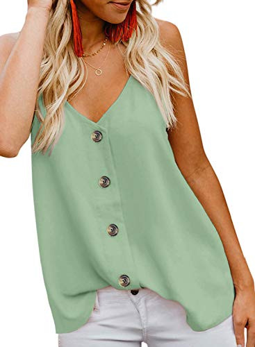 FARYSAYS Women's Summer Button Down V Neck Strappy Tank Tops Loose Casual Sleeveless Shirts Blouses Mint Green Medium