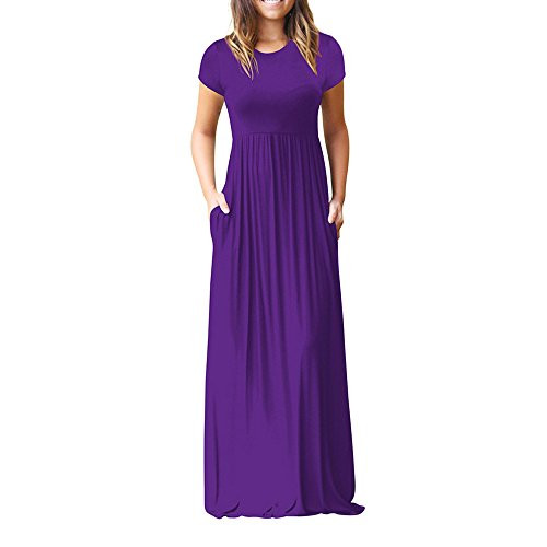 Women's Short Sleeve Maxi Dress with Pockets Plain Loose Swing Casual Floor Length Long Dresses Summer On Clearance -2XL- Purple-