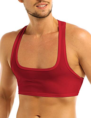 YiZYiF Men's Sleeveless Y Back Muscle Half Tank Top Vest Tee T-Shirts Crop Tops Red Medium