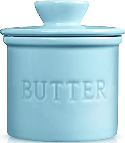 PriorityChef French Butter Crock for Counter- Butter Keeper With Water Line for Fresh Spreadable Butter- Farmhouse Style Ceramic Butter Keeper for Countertop- Holds 1 Stick- Light Blue