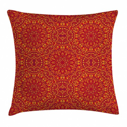 Ambesonne Red Mandala Throw Pillow Cushion Cover- Tribal Motifs Details Floral Wisdom Eastern- Decorative Rectangle Accent Pillow Case- 36inch X 16inch- Vermilion Yellow