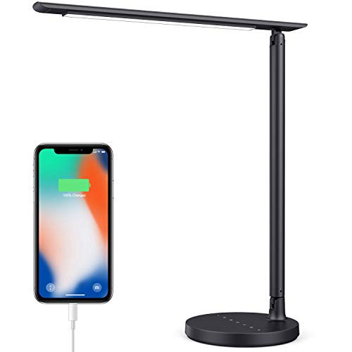 LED Desk Lamp- BOMT Eye-Caring Dimmable Table Lamps with USB Charging Port- 4 Lighting Modes- 7 Brightness Levels- Touch Control- Folding Multi-Angle Led Office Lamps Bed Night Light with Adapter