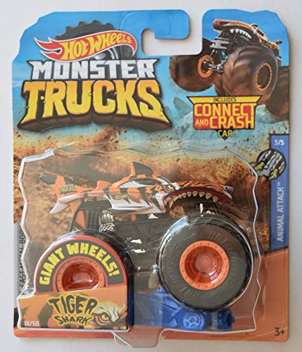 Hot Wheels Monster Jam 1:64 Scale Tiger Shark 18/50 Giant Wheels Includes Connect and Crash car
