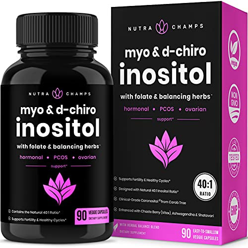 Myo-Inositol  and  D-Chiro Inositol Supplement -Natural 40-1 Ratio- B8 Powder Enhanced with Vitex  and  Folic Acid | Ovarian  and  PCOS Support Plus Fertility  and  Hormone Balance for Women  and  Men | 90 Vegan Capsules