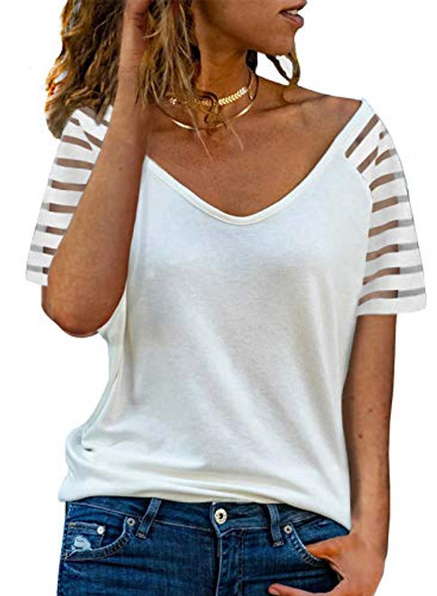 BLENCOT Womens V Neck Blouse Short Sleeve V Neck Loose Fit Casual Tunic Fashion Summer Solid Color T Shirt Tops XX-Large White BLENCOT Womens V Neck Blouse Short Sleeve V Neck Loose Fit Casual Tunic Fashion Summer Solid Color T Shirt Tops XX-Large White