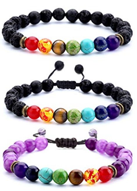 Hamoery Men Women 8mm Lava Rock 7 Chakras Aromatherapy Essential Oil Diffuser Bracelet Braided Rope Natural Stone Bracelet Set