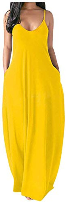 LELEBEAR Sexy Sleeveless O-Neck Pockets Camisole Long Dress for Women -Yellow- XXXXL- LELEBEAR Sexy Sleeveless O-Neck Pockets Camisole Long Dress for Women -Yellow- XXXXL-