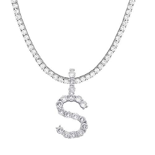 S Initial Necklace Silver Large Initial Letter Pendant Necklace Tennis Chain Bling CZ Initial Letter Necklace 18inch Plus 2inch Extender