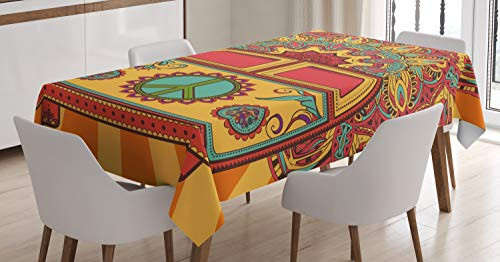 Ambesonne 70s Party Decorations Tablecloth- Hippie Vintage Mini Van Ornamental Backdrop Peace Sign- Dining Room Kitchen Rectangular Table Cover- 60inch X 84inch- Coral Orange