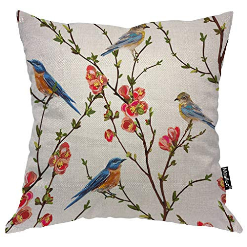 Moslion Bird Pillow Cover Cute Blue Birds on Tree Branch Green Leaves Red Sakura Flower Throw Pillow Case 16x16 Inch Cotton Linen Square Cushion Decorative Cover for Sofa Bed
