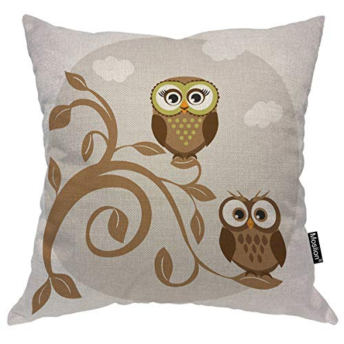 Moslion Owl 18x18 Inch Pillow Case Night Bird Owls on Tree Branch White Cloud Big Eyes Decorative Throw Pillow Cover Square Cushion Cotton Linen Canvas for Women Men