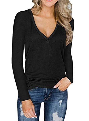 Sherosa Womens Henley Shirts Fall V Neck Button Long Sleeve Loose Casual Knit Sweaters Tops -S- Black-